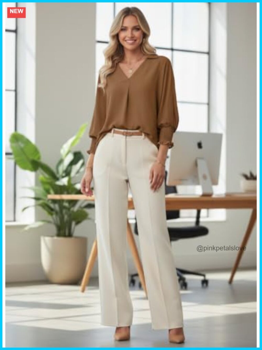 Dressy Casual 3/4 Sleeve Collared V-Neck Blouse Business Work Top View 5